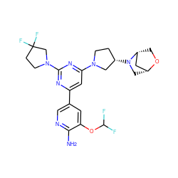 Nc1ncc(-c2cc(N3CC[C@H](N4C[C@@H]5C[C@H]4CO5)C3)nc(N3CCC(F)(F)C3)n2)cc1OC(F)F ZINC000653684756