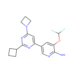 Nc1ncc(-c2cc(N3CCC3)nc(C3CCC3)n2)cc1OC(F)F ZINC000653676827