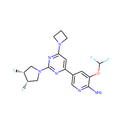 Nc1ncc(-c2cc(N3CCC3)nc(N3C[C@H](F)[C@H](F)C3)n2)cc1OC(F)F ZINC000653760501