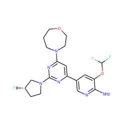 Nc1ncc(-c2cc(N3CCCOCC3)nc(N3CC[C@H](F)C3)n2)cc1OC(F)F ZINC000653684999