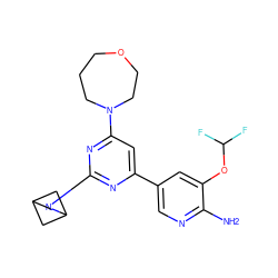 Nc1ncc(-c2cc(N3CCCOCC3)nc(N3CC4CC3C4)n2)cc1OC(F)F ZINC000653686882