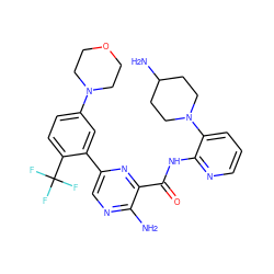 Nc1ncc(-c2cc(N3CCOCC3)ccc2C(F)(F)F)nc1C(=O)Nc1ncccc1N1CCC(N)CC1 ZINC001772593870