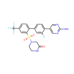 Nc1ncc(-c2ccc(-c3ccc(C(F)(F)F)cc3S(=O)(=O)N3CCNC(=O)C3)cc2F)cn1 ZINC000224769782