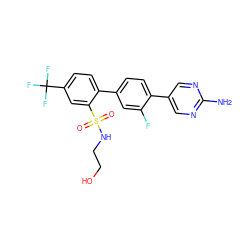 Nc1ncc(-c2ccc(-c3ccc(C(F)(F)F)cc3S(=O)(=O)NCCO)cc2F)cn1 ZINC000224728014