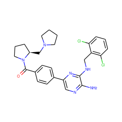 Nc1ncc(-c2ccc(C(=O)N3CCC[C@H]3CN3CCCC3)cc2)nc1NCc1c(Cl)cccc1Cl ZINC000049068484