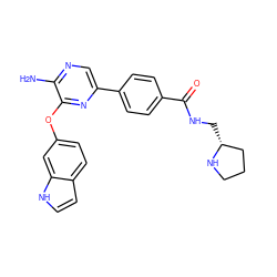 Nc1ncc(-c2ccc(C(=O)NC[C@@H]3CCCN3)cc2)nc1Oc1ccc2cc[nH]c2c1 ZINC000045289044