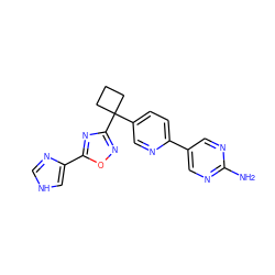 Nc1ncc(-c2ccc(C3(c4noc(-c5c[nH]cn5)n4)CCC3)cn2)cn1 ZINC000114767968