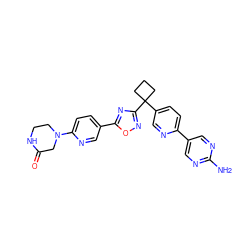 Nc1ncc(-c2ccc(C3(c4noc(-c5ccc(N6CCNC(=O)C6)nc5)n4)CCC3)cn2)cn1 ZINC000096175530