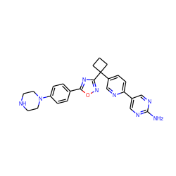 Nc1ncc(-c2ccc(C3(c4noc(-c5ccc(N6CCNCC6)cc5)n4)CCC3)cn2)cn1 ZINC000096175467