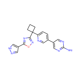 Nc1ncc(-c2ccc(C3(c4noc(-c5cn[nH]c5)n4)CCC3)nc2)cn1 ZINC000096175537