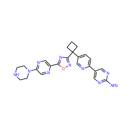 Nc1ncc(-c2ccc(C3(c4noc(-c5cnc(N6CCNCC6)cn5)n4)CCC3)cn2)cn1 ZINC000096175465