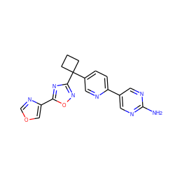 Nc1ncc(-c2ccc(C3(c4noc(-c5cocn5)n4)CCC3)cn2)cn1 ZINC000096175427