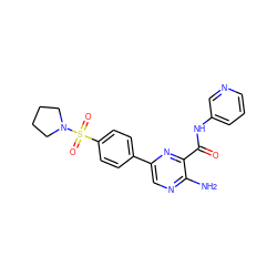 Nc1ncc(-c2ccc(S(=O)(=O)N3CCCC3)cc2)nc1C(=O)Nc1cccnc1 ZINC000034232598