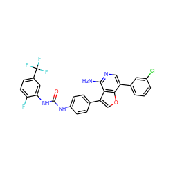 Nc1ncc(-c2cccc(Cl)c2)c2occ(-c3ccc(NC(=O)Nc4cc(C(F)(F)F)ccc4F)cc3)c12 ZINC000028884880