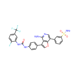 Nc1ncc(-c2cccc(S(N)(=O)=O)c2)c2occ(-c3ccc(NC(=O)Nc4cc(C(F)(F)F)ccc4F)cc3)c12 ZINC000028884886