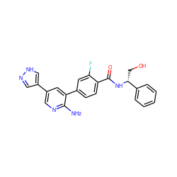 Nc1ncc(-c2cn[nH]c2)cc1-c1ccc(C(=O)N[C@H](CO)c2ccccc2)c(F)c1 ZINC001772583493