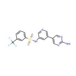 Nc1ncc(-c2cncc(NS(=O)(=O)c3cccc(C(F)(F)F)c3)c2)cn1 ZINC000073195678