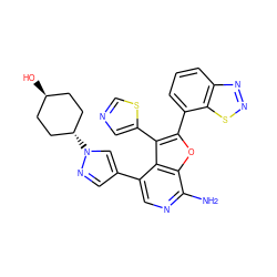 Nc1ncc(-c2cnn([C@H]3CC[C@H](O)CC3)c2)c2c(-c3cncs3)c(-c3cccc4nnsc34)oc12 ZINC000261161073