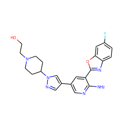 Nc1ncc(-c2cnn(C3CCN(CCO)CC3)c2)cc1-c1nc2ccc(F)cc2o1 ZINC000084653763