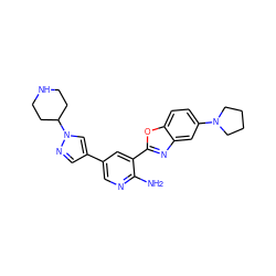 Nc1ncc(-c2cnn(C3CCNCC3)c2)cc1-c1nc2cc(N3CCCC3)ccc2o1 ZINC000103250030