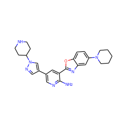 Nc1ncc(-c2cnn(C3CCNCC3)c2)cc1-c1nc2cc(N3CCCCC3)ccc2o1 ZINC000103250023