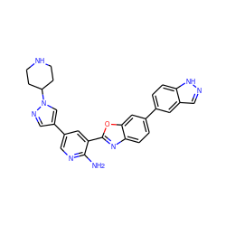 Nc1ncc(-c2cnn(C3CCNCC3)c2)cc1-c1nc2ccc(-c3ccc4[nH]ncc4c3)cc2o1 ZINC000103248525