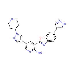 Nc1ncc(-c2cnn(C3CCNCC3)c2)cc1-c1nc2ccc(-c3cn[nH]c3)cc2o1 ZINC000103248520