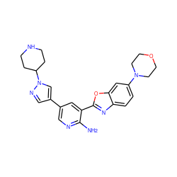 Nc1ncc(-c2cnn(C3CCNCC3)c2)cc1-c1nc2ccc(N3CCOCC3)cc2o1 ZINC000103247696