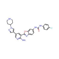 Nc1ncc(-c2cnn(C3CCNCC3)c2)cc1-c1nc2ccc(NC(=O)Nc3ccc(F)cc3)cc2o1 ZINC000103249979