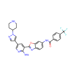 Nc1ncc(-c2cnn(C3CCNCC3)c2)cc1-c1nc2ccc(NC(=O)c3ccc(C(F)(F)F)cc3)cc2o1 ZINC000103249986