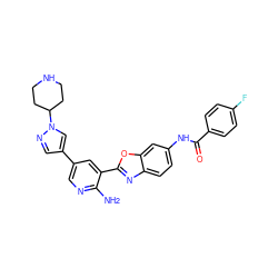 Nc1ncc(-c2cnn(C3CCNCC3)c2)cc1-c1nc2ccc(NC(=O)c3ccc(F)cc3)cc2o1 ZINC000103249989