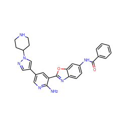 Nc1ncc(-c2cnn(C3CCNCC3)c2)cc1-c1nc2ccc(NC(=O)c3ccccc3)cc2o1 ZINC000103249982