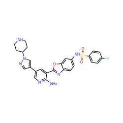 Nc1ncc(-c2cnn(C3CCNCC3)c2)cc1-c1nc2ccc(NS(=O)(=O)c3ccc(F)cc3)cc2o1 ZINC000084653794