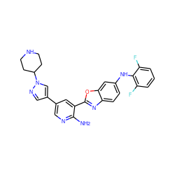 Nc1ncc(-c2cnn(C3CCNCC3)c2)cc1-c1nc2ccc(Nc3c(F)cccc3F)cc2o1 ZINC000103247704