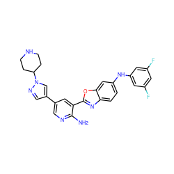 Nc1ncc(-c2cnn(C3CCNCC3)c2)cc1-c1nc2ccc(Nc3cc(F)cc(F)c3)cc2o1 ZINC000103247706