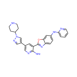 Nc1ncc(-c2cnn(C3CCNCC3)c2)cc1-c1nc2ccc(Nc3ccccn3)cc2o1 ZINC000103249970