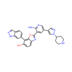 Nc1ncc(-c2cnn(C3CCNCC3)c2)cc1-c1nc2ccc(O)c(-c3ccc4cn[nH]c4c3)c2o1 ZINC000103250009