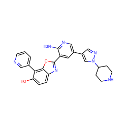 Nc1ncc(-c2cnn(C3CCNCC3)c2)cc1-c1nc2ccc(O)c(-c3cccnc3)c2o1 ZINC000084653340