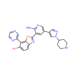 Nc1ncc(-c2cnn(C3CCNCC3)c2)cc1-c1nc2ccc(O)c(-c3cnccn3)c2o1 ZINC000084687647