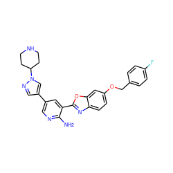 Nc1ncc(-c2cnn(C3CCNCC3)c2)cc1-c1nc2ccc(OCc3ccc(F)cc3)cc2o1 ZINC000103248526