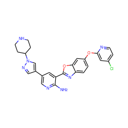 Nc1ncc(-c2cnn(C3CCNCC3)c2)cc1-c1nc2ccc(Oc3cc(Cl)ccn3)cc2o1 ZINC000103248529