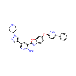 Nc1ncc(-c2cnn(C3CCNCC3)c2)cc1-c1nc2ccc(Oc3ccc(-c4ccccc4)nn3)cc2o1 ZINC000103248533