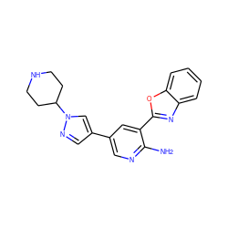 Nc1ncc(-c2cnn(C3CCNCC3)c2)cc1-c1nc2ccccc2o1 ZINC000053226678