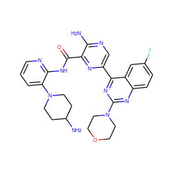 Nc1ncc(-c2nc(N3CCOCC3)nc3ccc(F)cc23)nc1C(=O)Nc1ncccc1N1CCC(N)CC1 ZINC001772577935