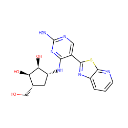 Nc1ncc(-c2nc3cccnc3s2)c(N[C@@H]2C[C@H](CO)[C@@H](O)[C@H]2O)n1 ZINC000207524650