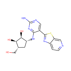 Nc1ncc(-c2nc3ccncc3s2)c(N[C@@H]2C[C@H](CO)[C@@H](O)[C@H]2O)n1 ZINC000207492832