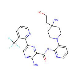 Nc1ncc(-c2ncccc2C(F)(F)F)nc1C(=O)Nc1ncccc1N1CCC(N)(CCO)CC1 ZINC001772631336