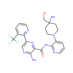 Nc1ncc(-c2ncccc2C(F)(F)F)nc1C(=O)Nc1ncccc1N1CCC(N)(CO)CC1 ZINC001772602208