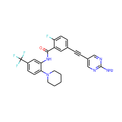 Nc1ncc(C#Cc2ccc(F)c(C(=O)Nc3cc(C(F)(F)F)ccc3N3CCCCC3)c2)cn1 ZINC000014957133