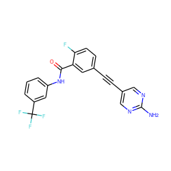 Nc1ncc(C#Cc2ccc(F)c(C(=O)Nc3cccc(C(F)(F)F)c3)c2)cn1 ZINC000014957121